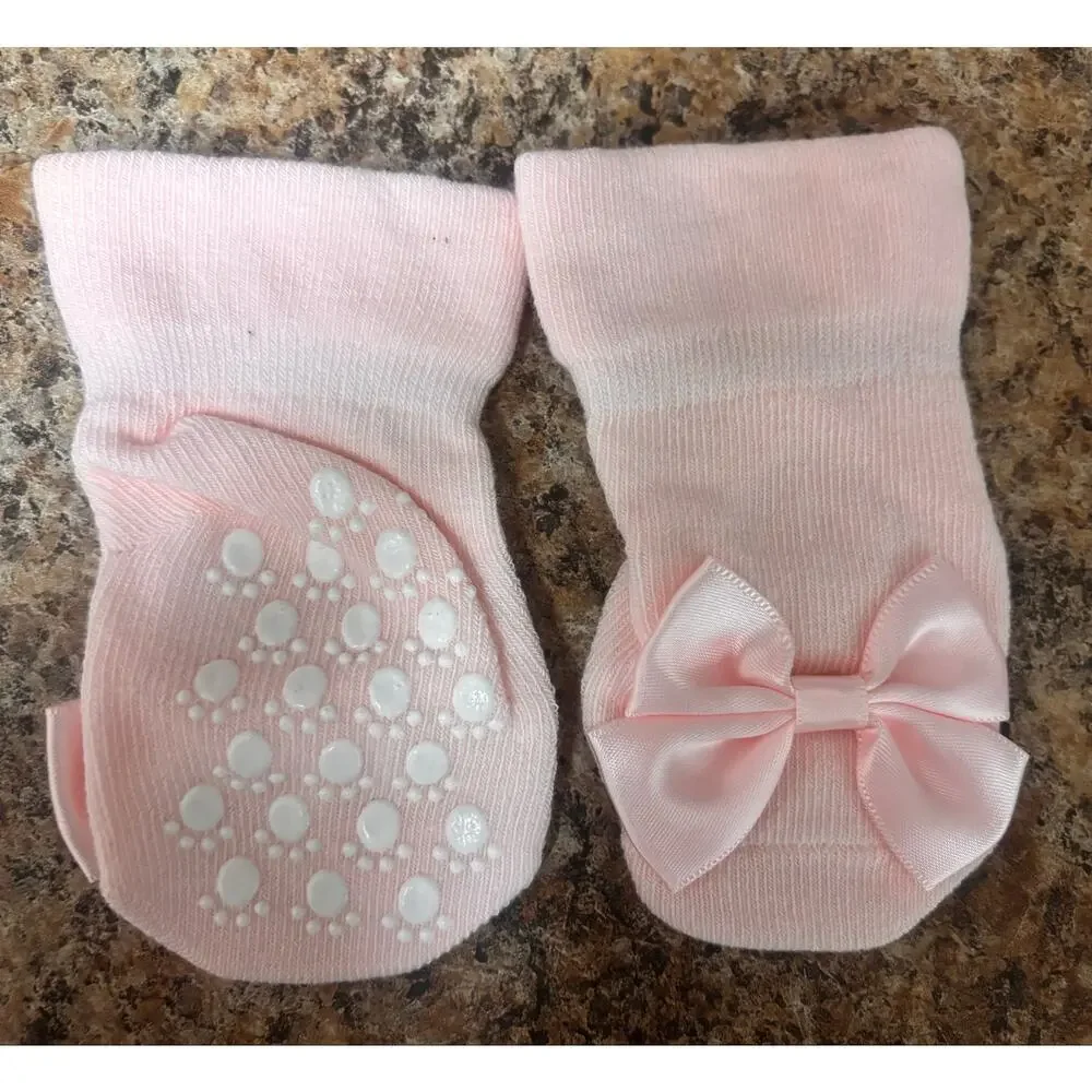 Baby Girl Pink Bow Socks & Matching Headband Set Size S 0–6M